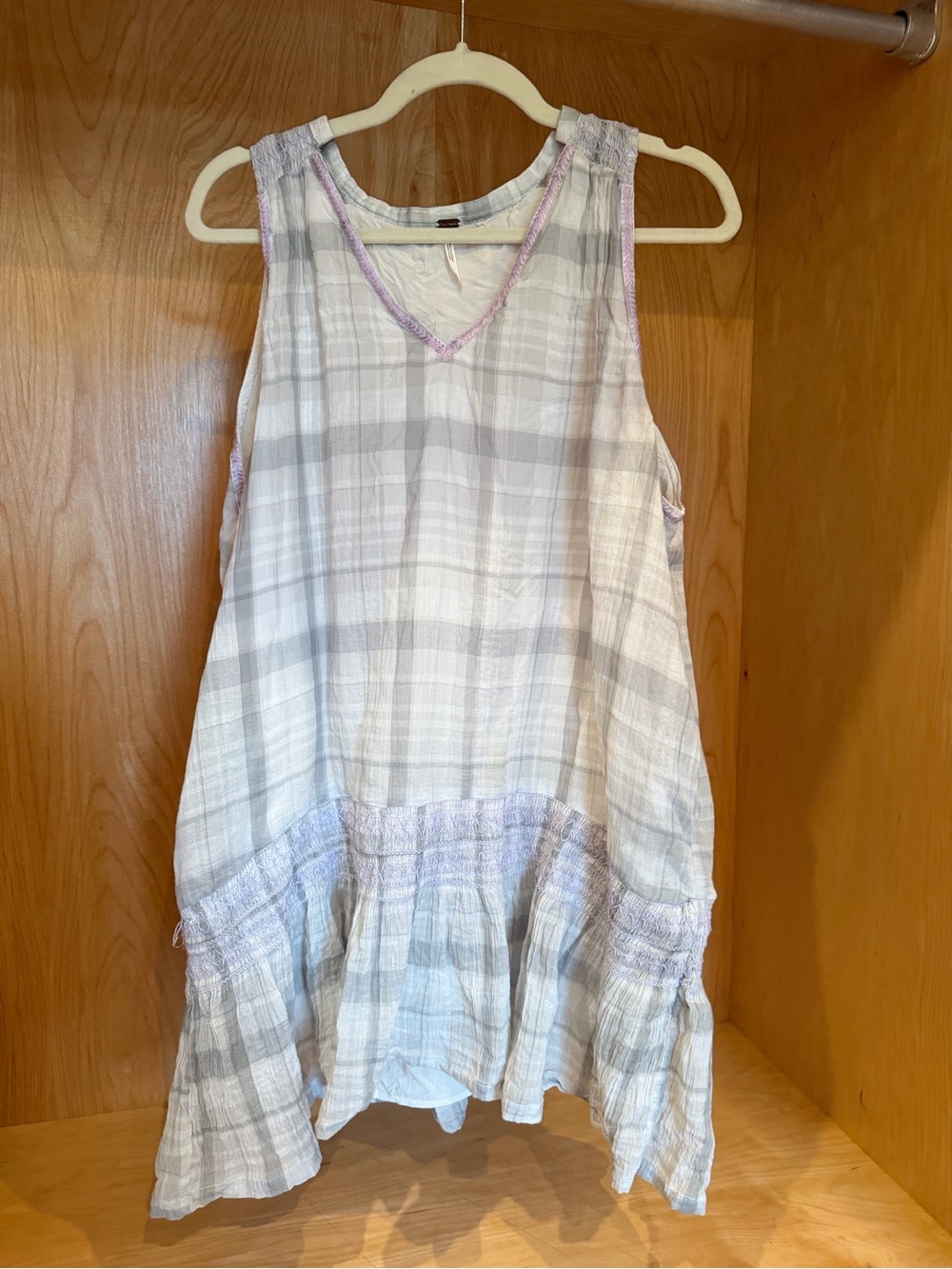 Free People Light Plaid Sleeveless Tunic Dress in White and Soft Lilac